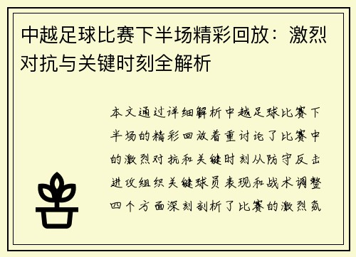 中越足球比赛下半场精彩回放：激烈对抗与关键时刻全解析